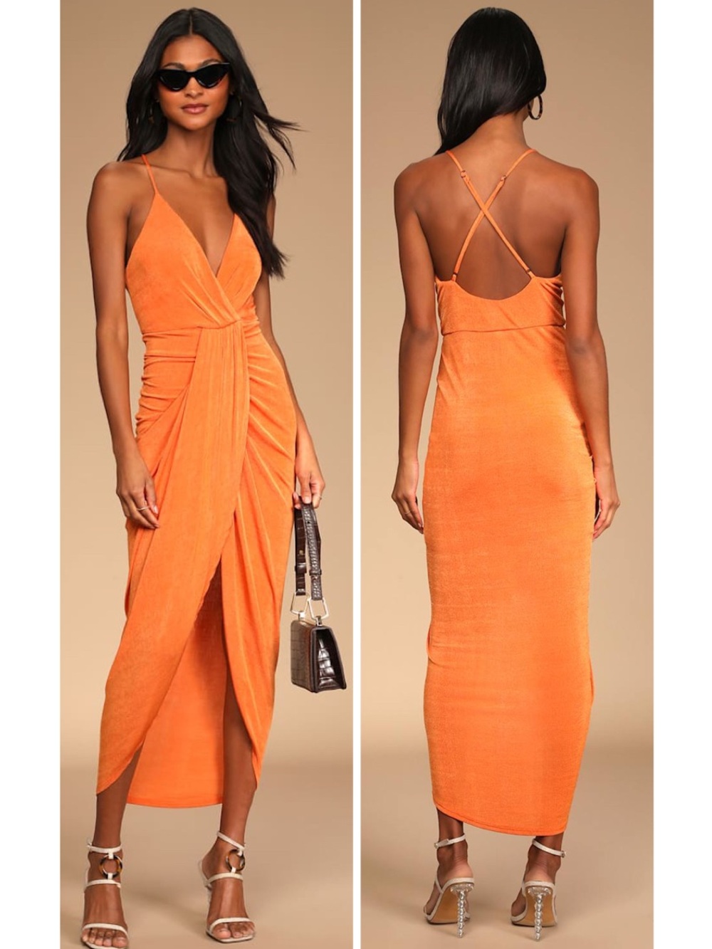 Lulus Dreamy Date Orange Surplice Midi Dress Size Small Sleeveless Sexy Mobwife